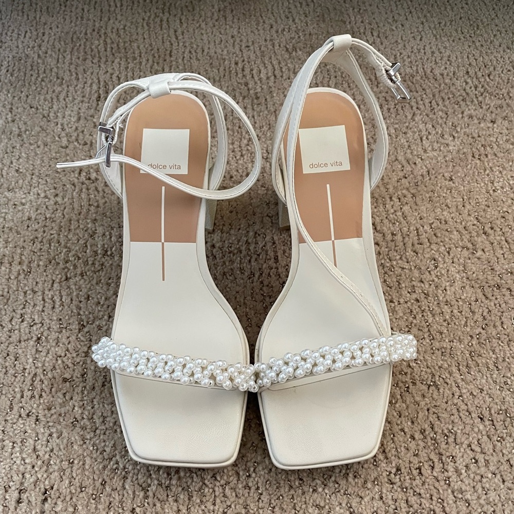 Dolce Vita Cream Block Heels with Square-Toe and Ankle Strap, Size 6.5